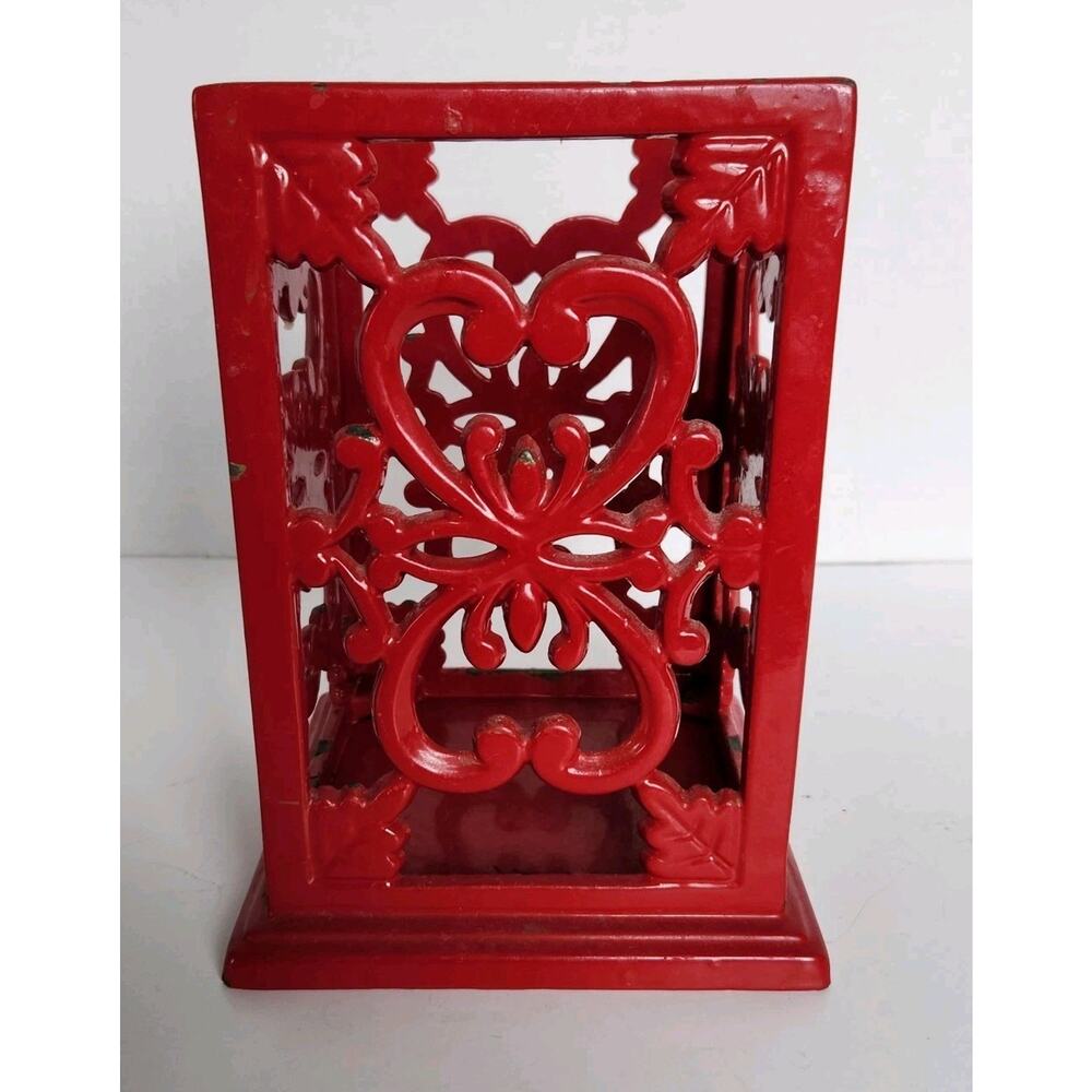 Vtg Y2K Cherry Red Enamel Cast Iron Counter Utensil Holder Retro Kitchen Decor